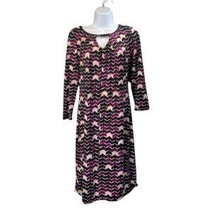 Calvin Klein Woman’s S Purple/Black Geometric Print BeltKeyhole NeckShift Dress